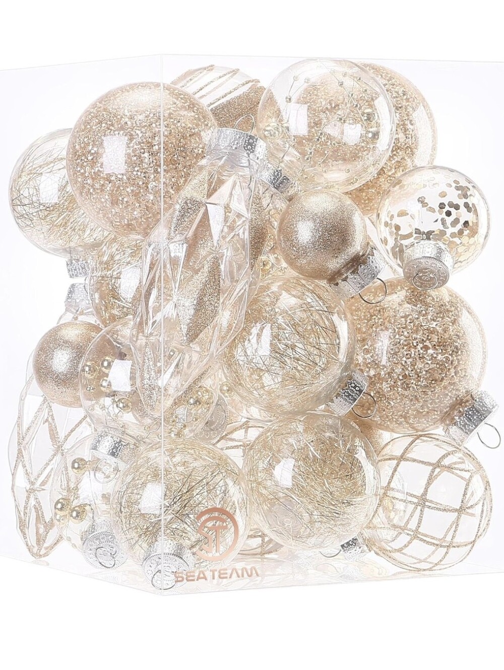Clear Christmas Ball Ornaments with Glitter, 32-Pack, Champagne